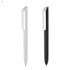 Two plastic pens in white and black, featuring a sleek design and a logo on the clip.