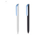 Two plastic pens are displayed, one in white with a blue cap and the other in black with a blue cap. Both feature a logo.