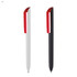 Two plastic pens are displayed, one in white with a red top and the other in black with a red top. Each pen has a logo.