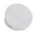 A round white fridge magnet clip with a smooth surface and a spring-loaded mechanism. It features branding.