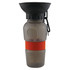 A drink bottle with a black funnel top, grey body, and an orange silicone band, featuring a clip and a logo.