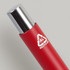 A metal pen in vibrant red featuring a silver cap and a recycling logo on the barrel.