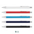 A set of five metal pens in white, red, blue, navy, and black, each featuring a silver clip and branding.