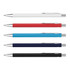 A set of metal pens in white, red, blue, navy, and black, featuring a silver clip and branding.