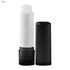 A lip balm stick in white with a black cap, featuring a sleek design and a visible logo.