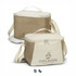 A jute cooler bag in natural and cream colours with a zip closure and shoulder strap, featuring a logo.