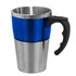 A travel mug featuring a shiny silver base and a blue upper section, equipped with a black handle and a logo.