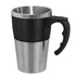 A travel mug featuring a stainless steel base and a black top with a handle. It has a logo.