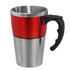 A travel mug with a red upper section and stainless steel lower section, featuring a black handle and a logo.