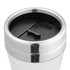 A travel mug in shiny silver with a black plastic lid featuring a sliding closure.