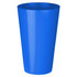 A blue plastic cup with a tall, smooth design and a simple shape, featuring a logo.