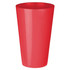 A bright red plastic cup with a smooth finish and a slightly tapered design, featuring a logo.