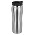 A drink bottle with a sleek silver design and a black lid, featuring a branding logo. Ideal for travel use.