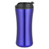 A travel mug in a sleek, glossy blue finish with a black lid and vented design. Features a logo.