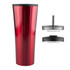 A travel mug in shiny red with a black lid, accompanied by an optional straw lid and standard flip lid.