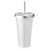 A drink bottle with a white plastic body, a silver lid, and a straw. It features a logo on the side.