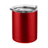 A red coffee mug with a clear lid and a sleek, cylindrical design, featuring a logo.