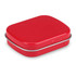 A rectangular red mint tin with a silver rim, featuring a smooth, shiny surface.