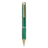 A metal pen in a deep green colour with gold accents and a clip feature. It has a sleek, elegant design.