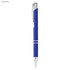 A royal blue metal pen with silver accents and a clip, featuring a sleek design and a branding logo.