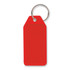 A red budget key ring with a blank rectangular tag for customization.
