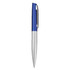 A metal pen with a blue top and silver barrel, featuring a clip and branding.