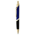 A blue and black metal pen with gold accents and a logo on the body.