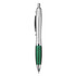 A metal pen featuring a silver body and a green grip, with a clip and a logo on the side.