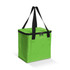 A vibrant green cooler bag with a zippered top and black straps. It features a front pocket and a square shape.