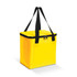 A bright yellow cooler bag with black straps and a zippered top. It features one side pocket and a logo.