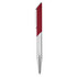 A metal pen with a red and silver finish, featuring a sleek design and a clip for easy attachment.