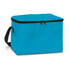 A turquoise cooler bag with a zippered top and a side pocket, featuring a black strap.