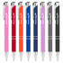 A set of eight metal pens in pink, red, orange, navy, purple, and grey, each with a logo.
