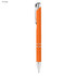 An orange rubberised metal pen with a chrome clip and accents. Features a sleek design and a branding logo.