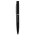A black metal pen with a sleek design and a clip, featuring a logo on the side.