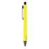 A yellow metal pen with a black clip and tip, featuring a branding logo.