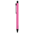 A pink metal pen with a black clip and tip, featuring a logo on the barrel.