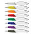 A collection of eight plastic pens in various bright colours, each featuring a metallic clip and a branded design.