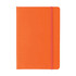 An orange A5 PU notebook with a pink elastic band closure and a smooth finish. It features a logo.