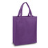 A purple tote bag with two handles and a solid design. It has a logo on one side.