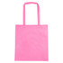 A pink non-woven tote bag with a V gusset and dual handles, featuring a logo.