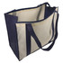 A large zipped shopping bag in blue and cream, featuring sturdy handles and a spacious interior. It has a logo.