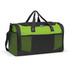 A black and bright green duffle bag with mesh side pockets and sturdy handles, featuring a logo.