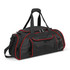 A black duffle bag with red accents, featuring multiple pockets and a removable shoulder strap. It has a logo.