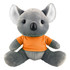 A grey koala plush toy wearing an orange shirt, featuring large ears and a round nose.