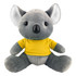 A grey koala plush toy wearing a yellow shirt, featuring soft fur and large ears. It has a simple logo on its shirt.