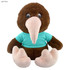 A brown kiwi plush toy wearing a light blue t-shirt, featuring large eyes and pink feet. It has a branding logo.
