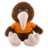 A brown plush kiwi toy wearing an orange shirt, featuring large feet and eyes. The toy has a rounded body and a long beak.