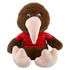 A brown kiwi plush toy wearing a red shirt, featuring large eyes and soft, pale pink feet. It has a logo on the shirt.
