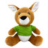 A brown kangaroo plush toy wearing a green shirt, featuring large ears and a friendly expression.